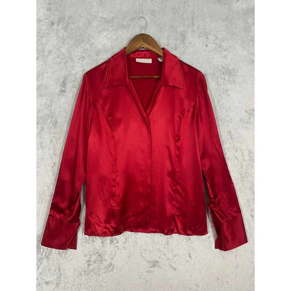 Kate Hill Silk Blouse Sz 14 Red Button Up Long Sleeve Satin Shirt Quiet Luxury